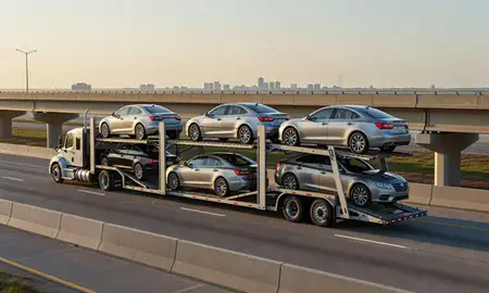 Car transporter with the Gulfport, Mississippi, United States skyline behind it