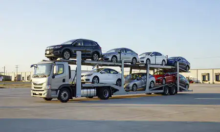 Car transporter loaded with vehicles in Hattiesburg, Mississippi, United States