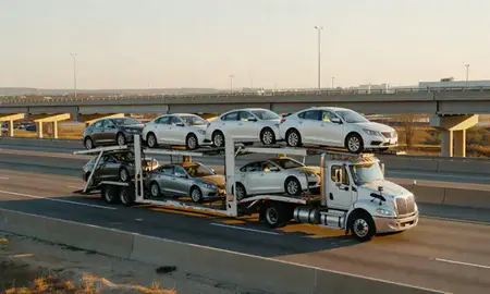 Car transporter with the Hattiesburg, Mississippi, United States skyline behind it