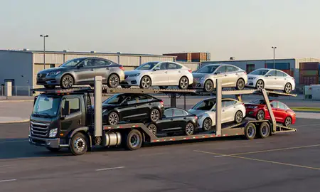 Car transporter loaded with vehicles in Hernando, Mississippi, United States