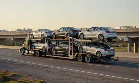 Car transporter with the Hernando, Mississippi, United States skyline behind it