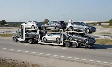 Multi-level car carrier on the highway to Horn Lake, Mississippi, United States