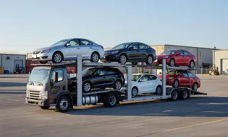 Car transporter loaded with vehicles in Horn Lake, Mississippi, United States
