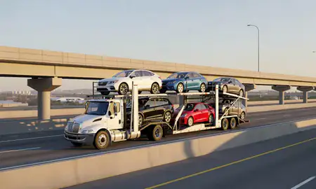 Car transporter with the Horn Lake, Mississippi, United States skyline behind it