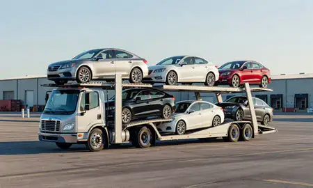 Car transporter loaded with vehicles in Jackson, Mississippi, United States
