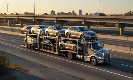 Car transporter with the Jackson, Mississippi, United States skyline behind it