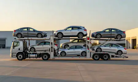 Car transporter parked in an industrial area of Laurel, Mississippi, United States