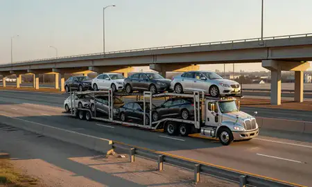 Car transporter with the Laurel, Mississippi, United States skyline behind it