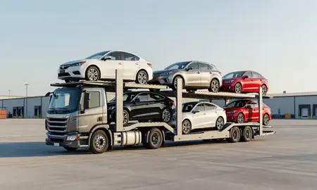 Car transporter loaded with vehicles in Long Beach, Mississippi, United States