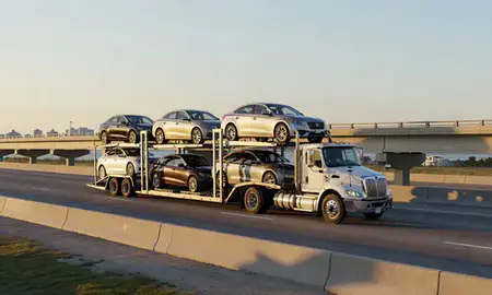 Car transporter with the Long Beach, Mississippi, United States skyline behind it