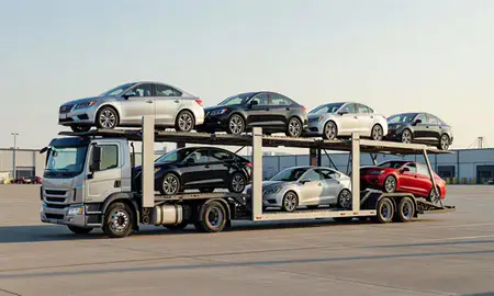 Car transporter loaded with vehicles in Madison, Mississippi, United States