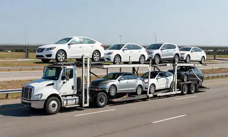 Multi-level car carrier on the highway to Meridian, Mississippi, United States