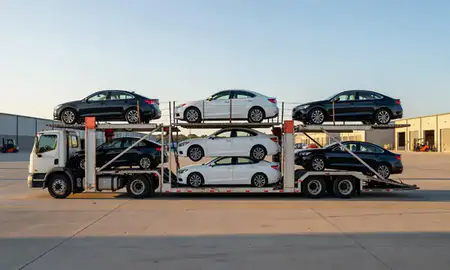 Car transporter parked in an industrial area of Meridian, Mississippi, United States