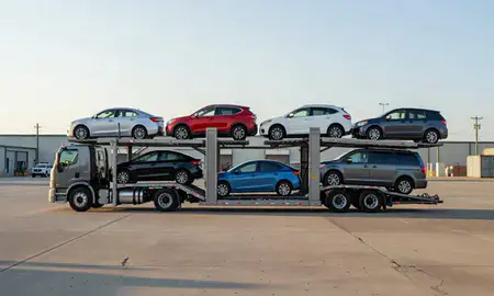 Car transporter loaded with vehicles in Meridian, Mississippi, United States