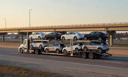 Car transporter with the Meridian, Mississippi, United States skyline behind it