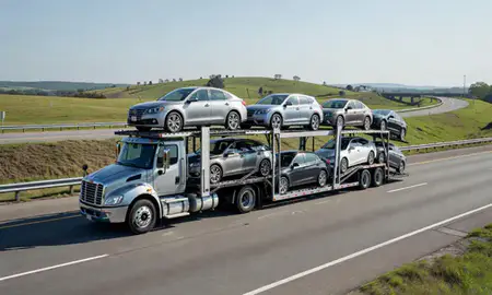 Multi-level car carrier on the highway to Natchez, Mississippi, United States