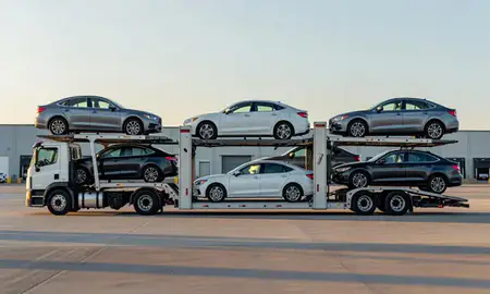Car transporter parked in an industrial area of Natchez, Mississippi, United States