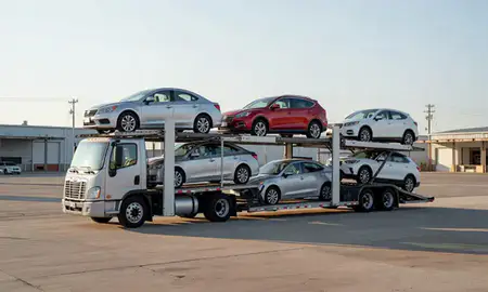 Car transporter loaded with vehicles in Natchez, Mississippi, United States