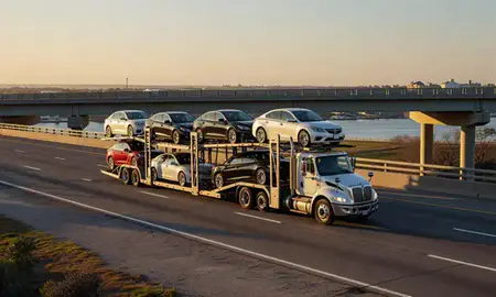 Car transporter with the Natchez, Mississippi, United States skyline behind it
