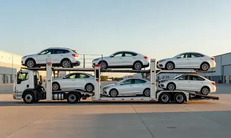 Car transporter parked in an industrial area of Ocean Springs, Mississippi, United States