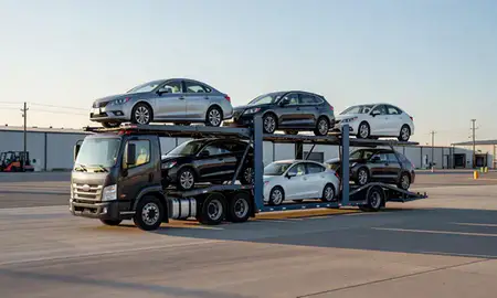 Car transporter loaded with vehicles in Ocean Springs, Mississippi, United States