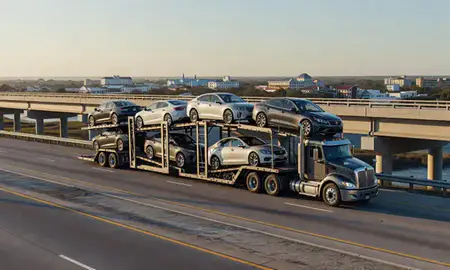 Car transporter with the Ocean Springs, Mississippi, United States skyline behind it