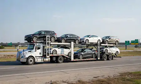 Multi-level car carrier on the highway to Olive Branch, Mississippi, United States