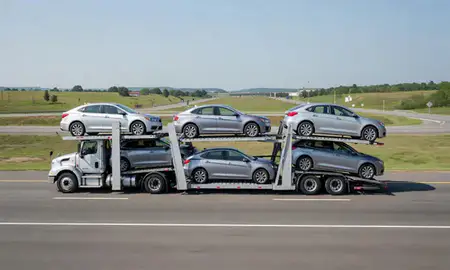 Multi-level car carrier on the highway to Oxford, Mississippi, United States