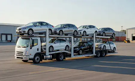 Car transporter loaded with vehicles in Oxford, Mississippi, United States