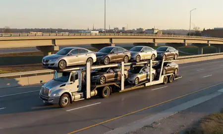 Car transporter with the Oxford, Mississippi, United States skyline behind it