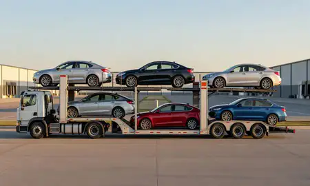 Car transporter parked in an industrial area of Pascagoula, Mississippi, United States