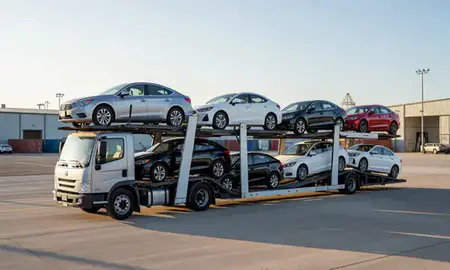 Car transporter loaded with vehicles in Pascagoula, Mississippi, United States