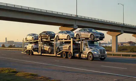Car transporter with the Pascagoula, Mississippi, United States skyline behind it