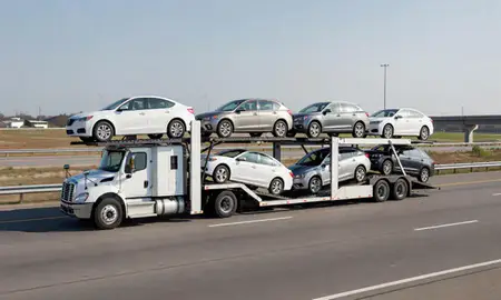 Multi-level car carrier on the highway to Pearl, Mississippi, United States