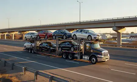 Car transporter with the Pearl, Mississippi, United States skyline behind it