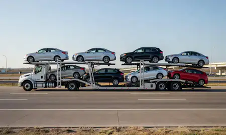 Multi-level car carrier on the highway to Ridgeland, Mississippi, United States