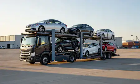 Car transporter loaded with vehicles in Ridgeland, Mississippi, United States