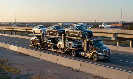 Car transporter with the Ridgeland, Mississippi, United States skyline behind it