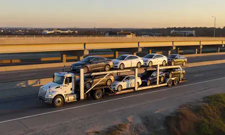 Car transporter with the Southaven, Mississippi, United States skyline behind it
