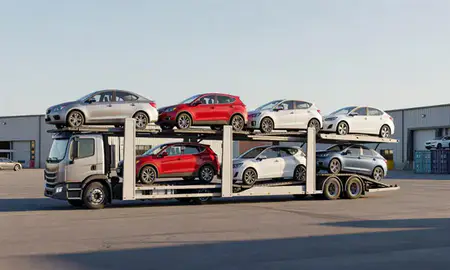 Car transporter loaded with vehicles in Starkville, Mississippi, United States