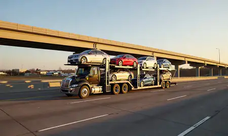 Car transporter with the Starkville, Mississippi, United States skyline behind it