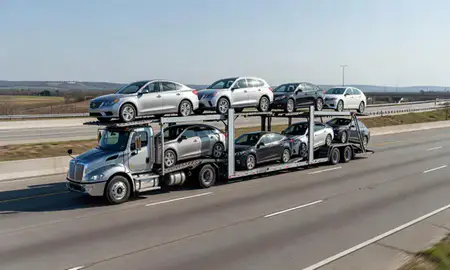 Multi-level car carrier on the highway to Tupelo, Mississippi, United States