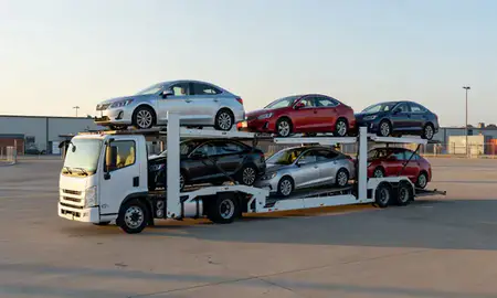 Car transporter loaded with vehicles in Tupelo, Mississippi, United States
