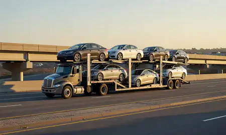 Car transporter with the Tupelo, Mississippi, United States skyline behind it