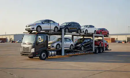 Car transporter loaded with vehicles in Vicksburg, Mississippi, United States