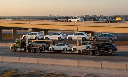 Car transporter with the Vicksburg, Mississippi, United States skyline behind it