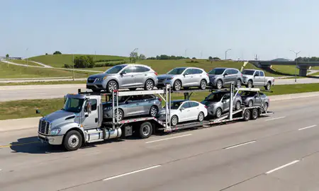 Multi-level car carrier on the highway to Missouri, United States