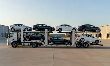 Car transporter parked in an industrial area of Missouri, United States