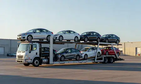 Car transporter loaded with vehicles in Missouri, United States
