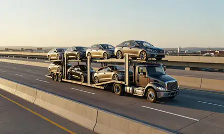 Car transporter with the Missouri, United States skyline behind it